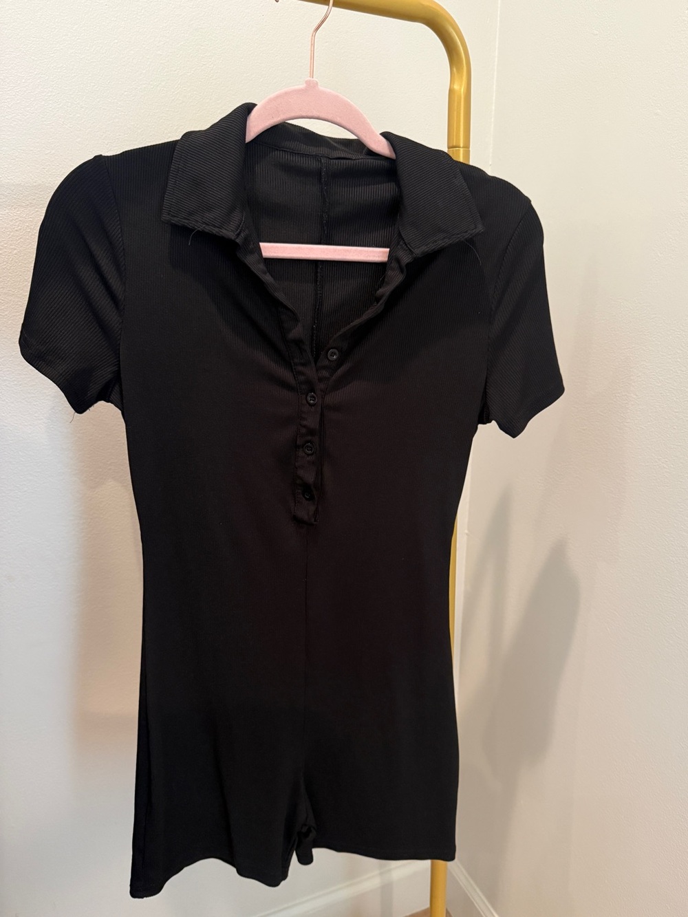 Black Short-Sleeve Ribbed Romper